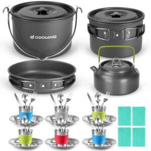 Odoland Camping-Geschirr-Set mit Outdoor-Kochgeschirr, Faltbarer Topf und Pfanne aus Aluminium für 6 Personen ideal für Camping, Picknick und Wandern