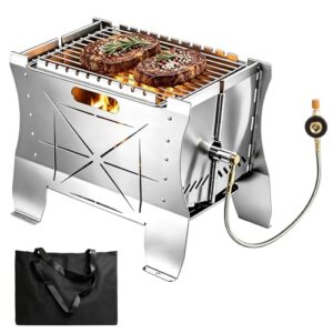 Mobiler Gasgrill Bellanny Grill Gas für Camping, Balkon und Garten - Edelstahlgrill mit Gas- und Holzkohlebetrieb