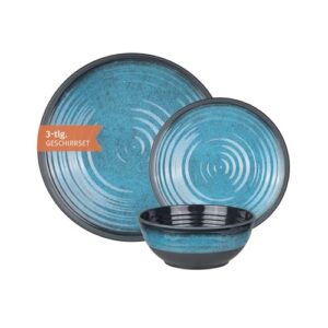 Campinggeschirr Set 1 Person 3-teilig, Melamin, Picknick Geschirrset, Campinggeschirr mit Stone Blue Design