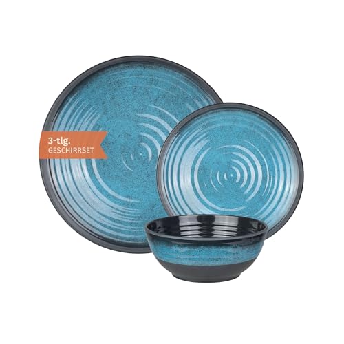 Campinggeschirr Set 1 Person 3-teilig, Melamin, Picknick Geschirrset, Campinggeschirr mit Stone Blue Design