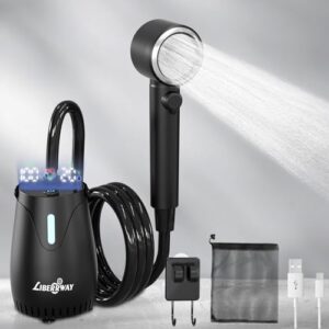 Campingdusche mit Akku und Pumpe, 8000mAh, bis zu 3 Stunden Outdoor-Dusche, IPX8-Tauchpumpe, Camping-Dusche mit Temperatur- und Akkuanzeige, 5 Stufen, Duschkopf, 2m Schlauch für Garten, Hund, Auto