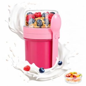 BPA-freier Müslibecher mit Löffel und Soßenbehälter, Frühstücksbox für Kinder und Erwachsene in Rosa