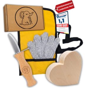 Ein Bild eines Eli Schnitzmessers in einem Kinder-Sets, das mit Schnitzholz und Handschuhe ausgestattet ist.