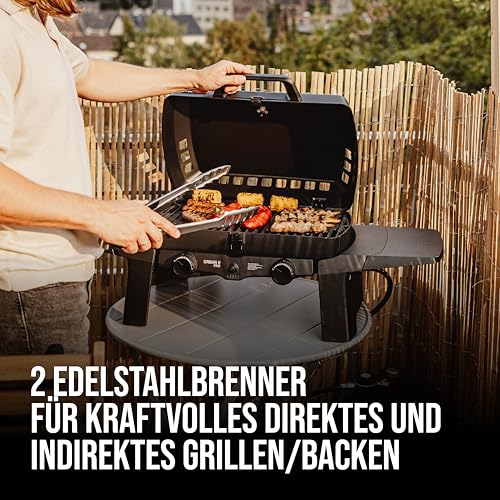 Tischgrill mit zwei getrennt regelbaren Edelstahlbrennern, Grill-Thermometer und Aluguss-Gehäuse für perfekte Ergebnisse bei der Verbrennung von Lebensmitteln
