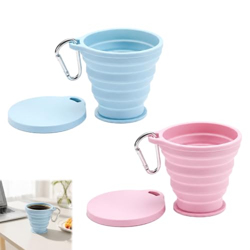 Zwei faltbare Silikonbecher in Blau und Pink mit luftdichtem Deckel und Karabinerhaken