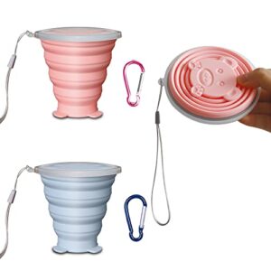 Ein Set aus zwei Faltbechern für Reisen und Camping, bestehend aus Silikon und einem Deckel, mit einer Gesamtfassung von 180 ml. Ideal für Picknicks, Camping-Touren und Ausflüge.