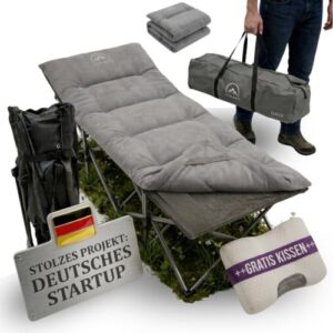 Feldbett OASE, großes klapperbares Bett mit Matratze und Kissen für Camping und Garten, perfekt als Gästebett oder im Freien nutzen