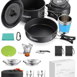 Camping Kochset mit Mini Gaskocher, ultraleichtem Outdoor Kochgeschirr Set für 1-2 Personen, Antihaft Camping Topf Pfanne Wasserkessel Geschirr Besteck für Camping Backpacking Picknick