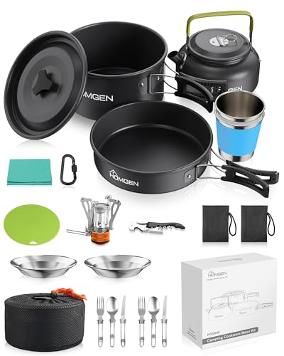 Camping Kochset mit Mini Gaskocher, ultraleichtem Outdoor Kochgeschirr Set für 1-2 Personen, Antihaft Camping Topf Pfanne Wasserkessel Geschirr Besteck für Camping Backpacking Picknick