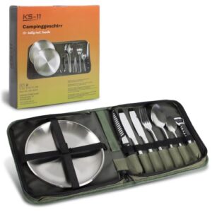 Campinggeschirr, 12-teiliges Outdoor Besteck aus Edelstahl, praktische Bestecktasche, Reisebesteck, Bundeswehr Besteck, Campingbesteck für 2 Personen