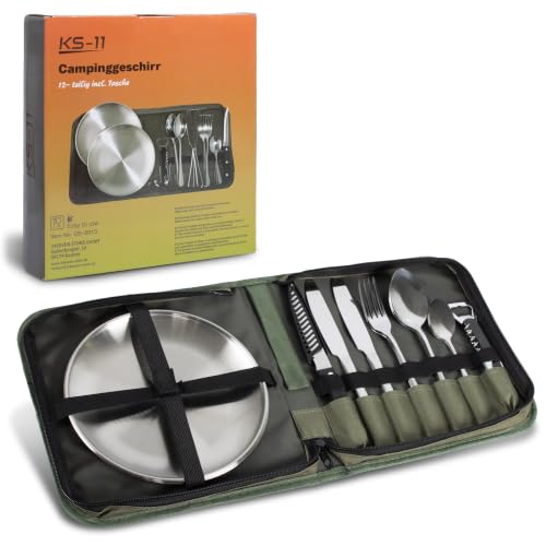 Campinggeschirr, 12-teiliges Outdoor Besteck aus Edelstahl, praktische Bestecktasche, Reisebesteck, Bundeswehr Besteck, Campingbesteck für 2 Personen