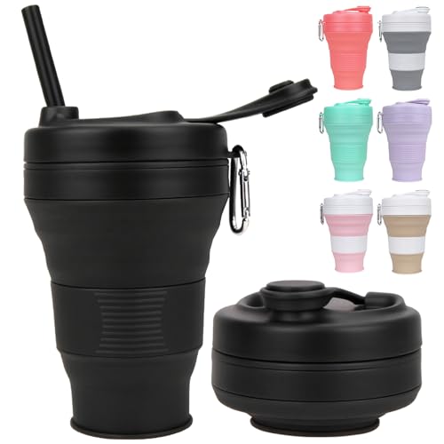 Faltbarer Silikonbecher Schwarz mit Stroh Kunststoff Deckel, Bpa-Frei Faltbecher für Outdoor Camping Picknick Wandern Reisen