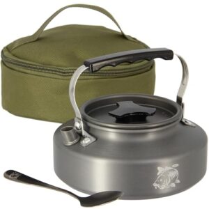 Aluminium Wasserkocher Set für Outdoor, Camping und Angeln mit Teelöffel - 0,8 Liter fähiger Aluminiumkocher für Bivvy, Rucksack und Reisen