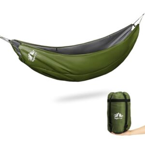 Hängematte mit Unterdecke und Unterschlafsack in Dunkelgrün. Ideal für Hängemattencamping oder Wandern.
