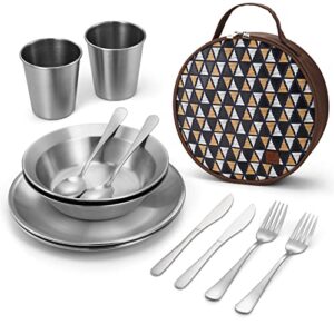 Campingbesteck Set aus Edelstahl für 1-4 Personen, inkl. Essbesteck, Tassen und Etui, ideal für Camping, Wanderungen oder Picknicks