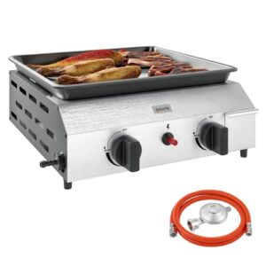 Outsunny Gasgrill mit zwei Brennern und Druckminderer für das Grillen in der Freizeit, ideal für das Braten von Pfannkuchen, Würstchen, Lachs, Steak und Gemüse.