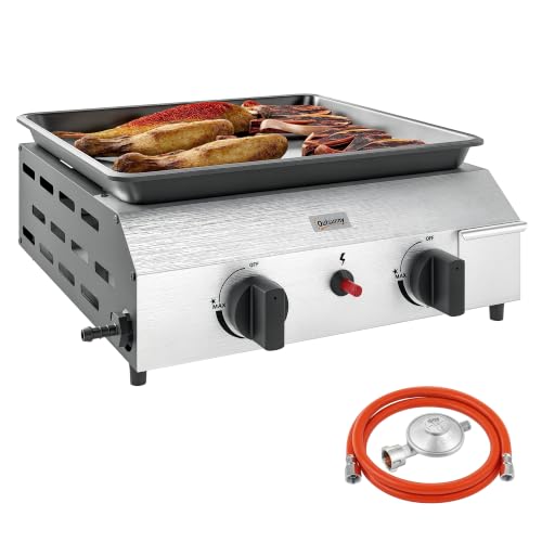 Outsunny Gasgrill mit zwei Brennern und Druckminderer für das Grillen in der Freizeit, ideal für das Braten von Pfannkuchen, Würstchen, Lachs, Steak und Gemüse.
