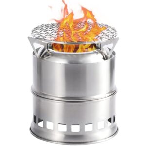 Tragbarer Mini-Holzerofen mit Grillnetz und Holzofen Stove, kompakter und leichter Edelstahl-Kocher für Camping-Tour oder Expedition