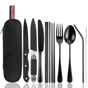 Campingbesteck, Reisebesteck mit 9 Teilen aus Edelstahl und Bestecktasche für Outdoor-Aktivitäten wie Camping, Picknick, Wandern