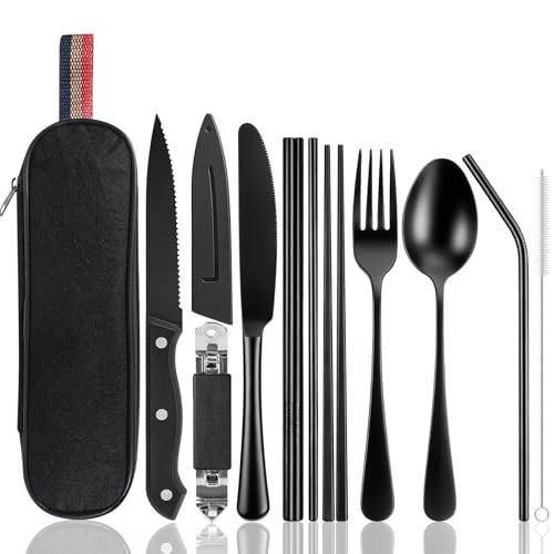 Campingbesteck, Reisebesteck mit 9 Teilen aus Edelstahl und Bestecktasche für Outdoor-Aktivitäten wie Camping, Picknick, Wandern