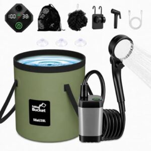 Tragbare Campingdusche mit wiederaufladbarem 6000mAh Akku und LED-Anzeige für Outdoor-Aktivitäten wie Camping, Wandern und Reisen.
