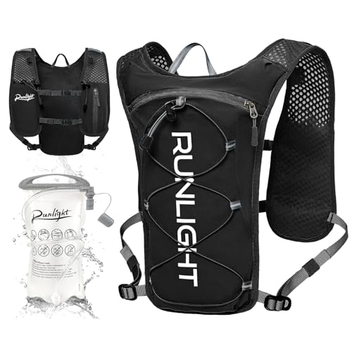 Laufweste für Damen und Herren mit verstellbarem Brustgurt, Trinkflasche 1500ml und großem Beutel - Black, One Size