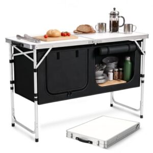 Faltbarer Campingschrank mit drei Höhenstufen, ideal für Outdoor-Küchen bei Camping und Zelten.