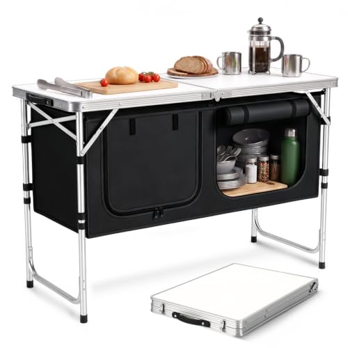 Faltbarer Campingschrank mit drei Höhenstufen, ideal für Outdoor-Küchen bei Camping und Zelten.