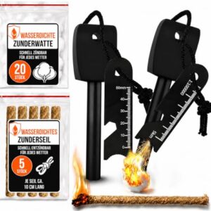 Hochwertiger Ferrocerium-Feuerstahl für Survival und Outdoor - 2 Stück Vipuikos Wasserdichter Feuerstahl mit 20 Wattebällchen, Zündseilen und Griffer