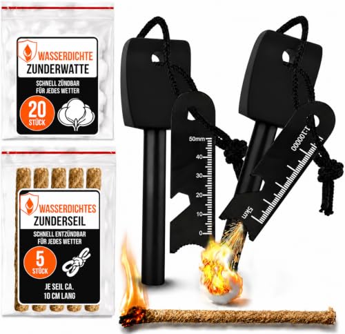 Hochwertiger Ferrocerium-Feuerstahl für Survival und Outdoor - 2 Stück Vipuikos Wasserdichter Feuerstahl mit 20 Wattebällchen, Zündseilen und Griffer