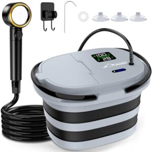 Tragbare Campingdusche mit integrierter Pumpe, LED-Anzeige und 5 Stufen für Camping, Reisen, Haustierbad oder Notfall