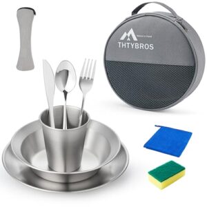 Edelstahl Camping-Geschirrset für 1–4 Personen, umfangreiches Set mit Tellern, Schüsseln, Bechern und Besteck, ideal für Camping, Rucksacktouren und Picknick