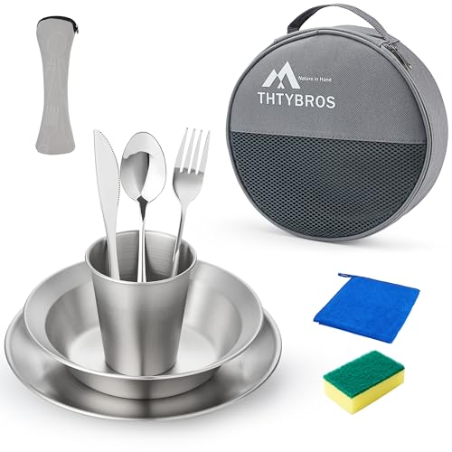 Edelstahl Camping-Geschirrset für 1–4 Personen, umfangreiches Set mit Tellern, Schüsseln, Bechern und Besteck, ideal für Camping, Rucksacktouren und Picknick