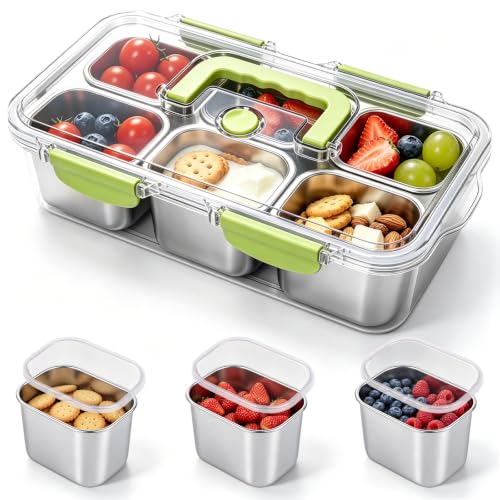Ikles star Snackbox mit 6 Fächern, Edelstahl Snackdose mit Deckel und Griff für Picknick, Party und unterwegs. Langlebig, widerstandsfähig und BPA-frei.