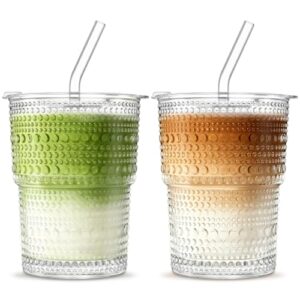 Glasbecher mit Deckel und Strohhalm, luftdichtes Design, Travel Mug, Eiskaffee Becher, 380ml, Matcha Gläser, Noppen Muster, hochwertiges Glas