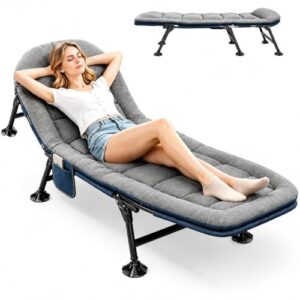 Campingbett Feldbett klappbar Anglerliege für Outdoor-Gebrauch, grau, mit Nackenkissen & Seitentasche, leicht faltbares Gästebett
