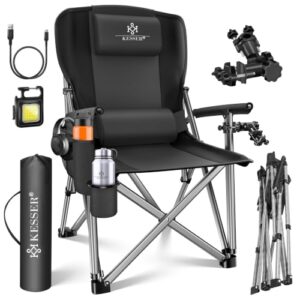 Kesser Campingstuhl, faltbar bis 160 kg, Angelstuhl mit Armlehnen und Gepolsterter Sitz, praktische Universal- und Angelhalterung, wiederaufladbare Multifunktionslampe, Tragetasche für einfachen Transport