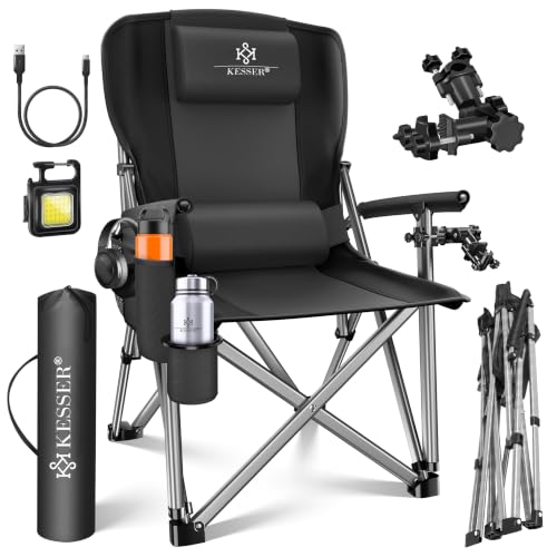 Kesser Campingstuhl, faltbar bis 160 kg, Angelstuhl mit Armlehnen und Gepolsterter Sitz, praktische Universal- und Angelhalterung, wiederaufladbare Multifunktionslampe, Tragetasche für einfachen Transport