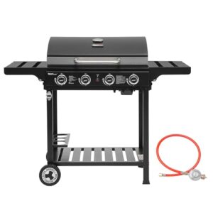Royal Gourmet 4 Brenner Gas Grillwagen, 12 kW BBQ-Gasgrill mit Seitenablagen und Flascheregal für Outdoor Garten Party in Schwarz