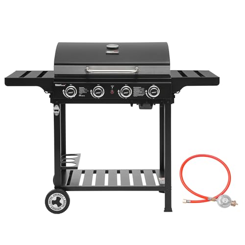 Royal Gourmet 4 Brenner Gas Grillwagen, 12 kW BBQ-Gasgrill mit Seitenablagen und Flascheregal für Outdoor Garten Party in Schwarz