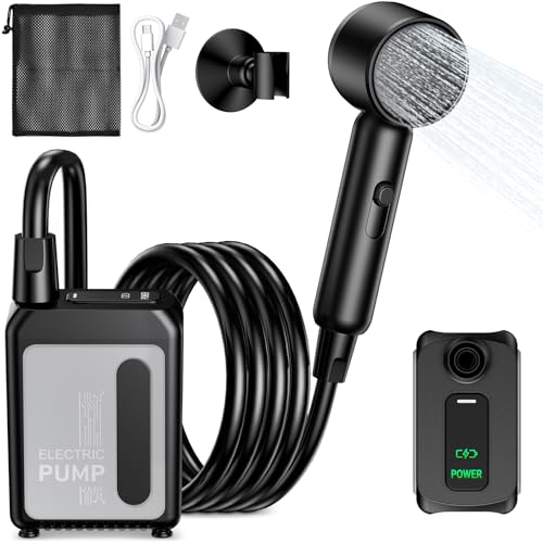 Tragbare Campingdusche mit Akku 4000 mAh, Campingdusche mit Pumpe und Duschkopf, IPX8 Wasserdicht für Wandern, Reisen, Autowäsche