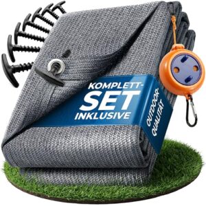 Camping-Teppich mit blauen und grauen Farben, inklusive Tragetasche und Wäscheleine. Ideal für Zelte, Wohnwagen und Wohnmobile.