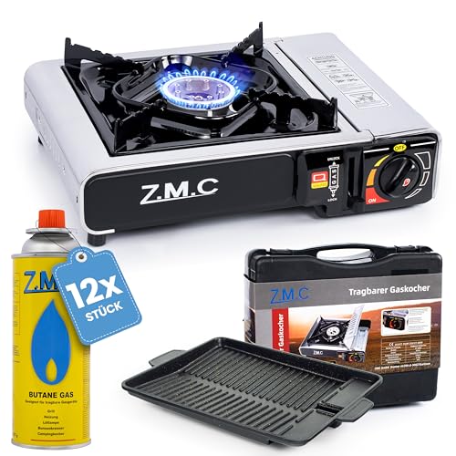 Z.M.C Gaskocher Campingkocher mit 1-flammer Edelstahl-Konstruktion, integrierte Grillplatte und 12x Gas für Camping und Festival